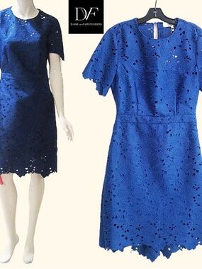Diane Von Furstenberg Alma French Blue Lace Sheath Dress with Back Cut Out Sz 4